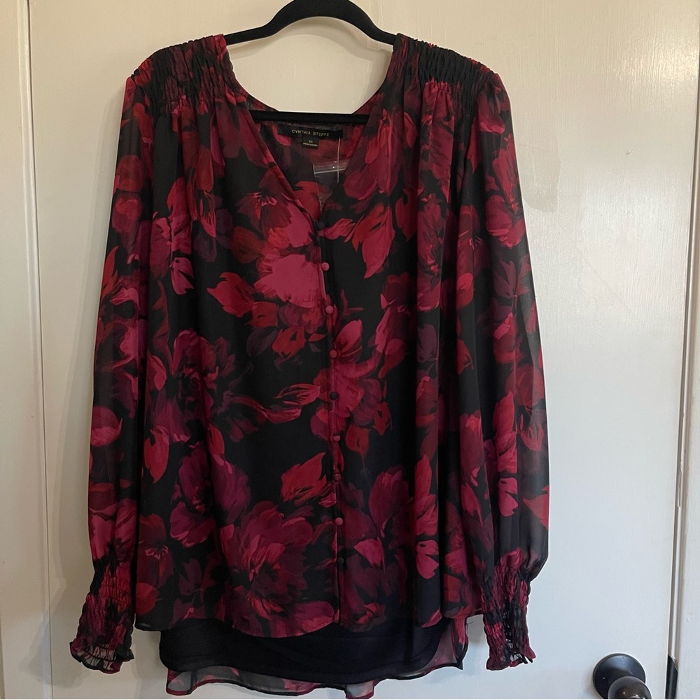 Cynthia Steffe Black and Red Floral Blouse
